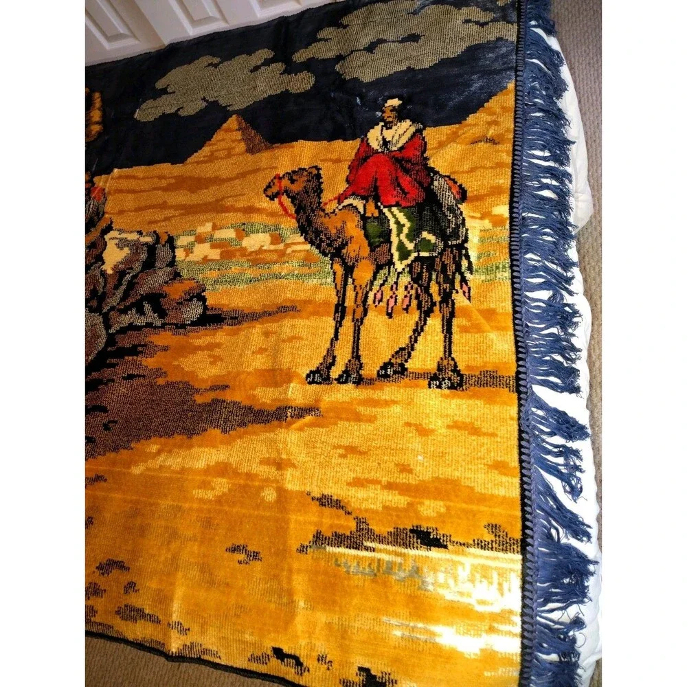 ​Vintage Large Velvet Egyptian Tapestry 59x39, Mid Century Sphinx Pyramids Camel
